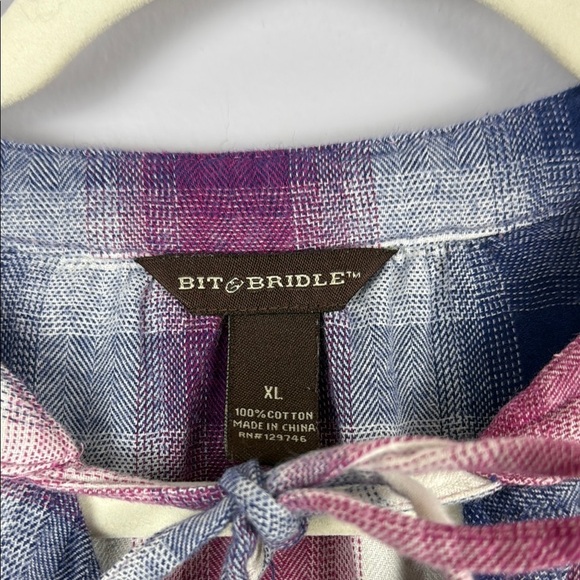 Bit & Bridle Pink and Blue Plaid Tie Front Blouse Size XL - Picture 3 of 10